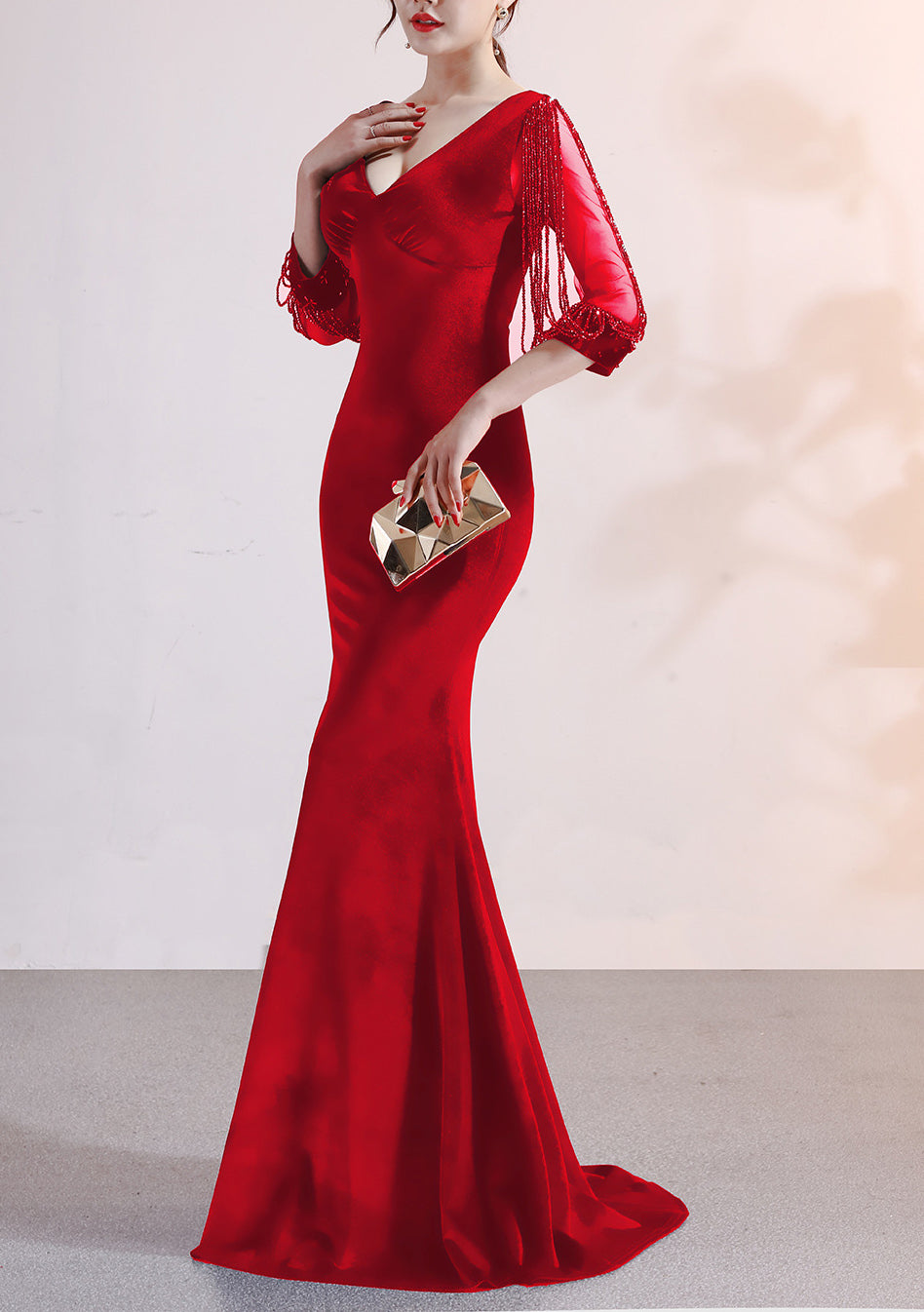 sexy velvet crystal diamond chain bride clothing winter long-sleeved mermaid long evening dress 11