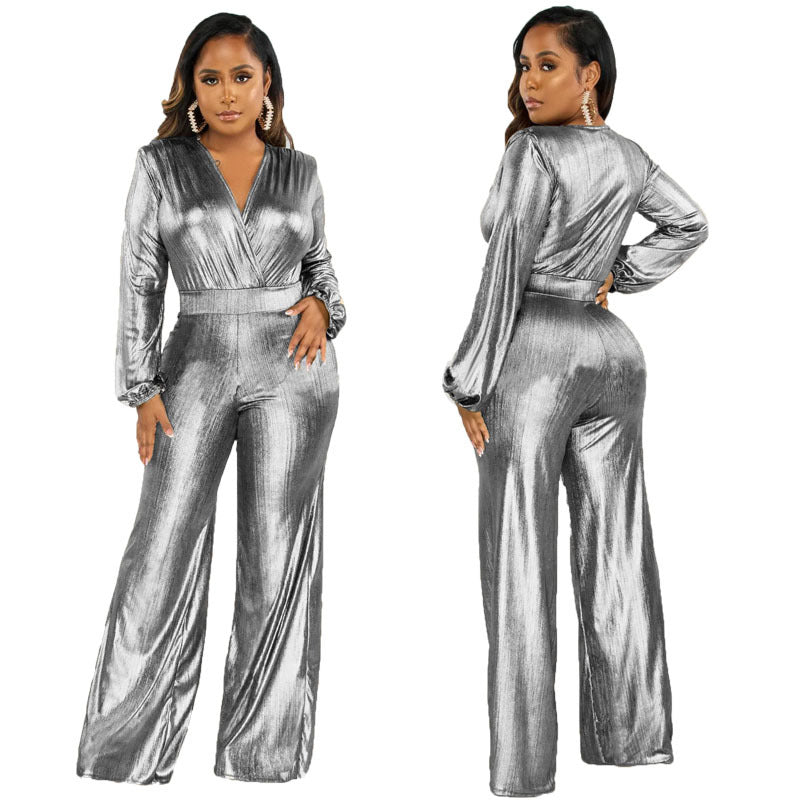 Sexy V Neck Shiny Long Sleeve Ladies Jumpsuit 15