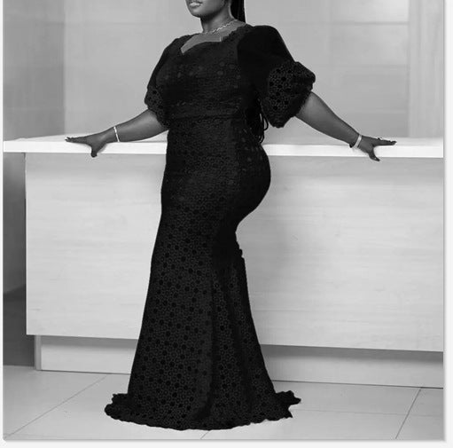 Lady Spring Puff Sleeve Solid Color Hollow Bodycon One-Piece Dress 5