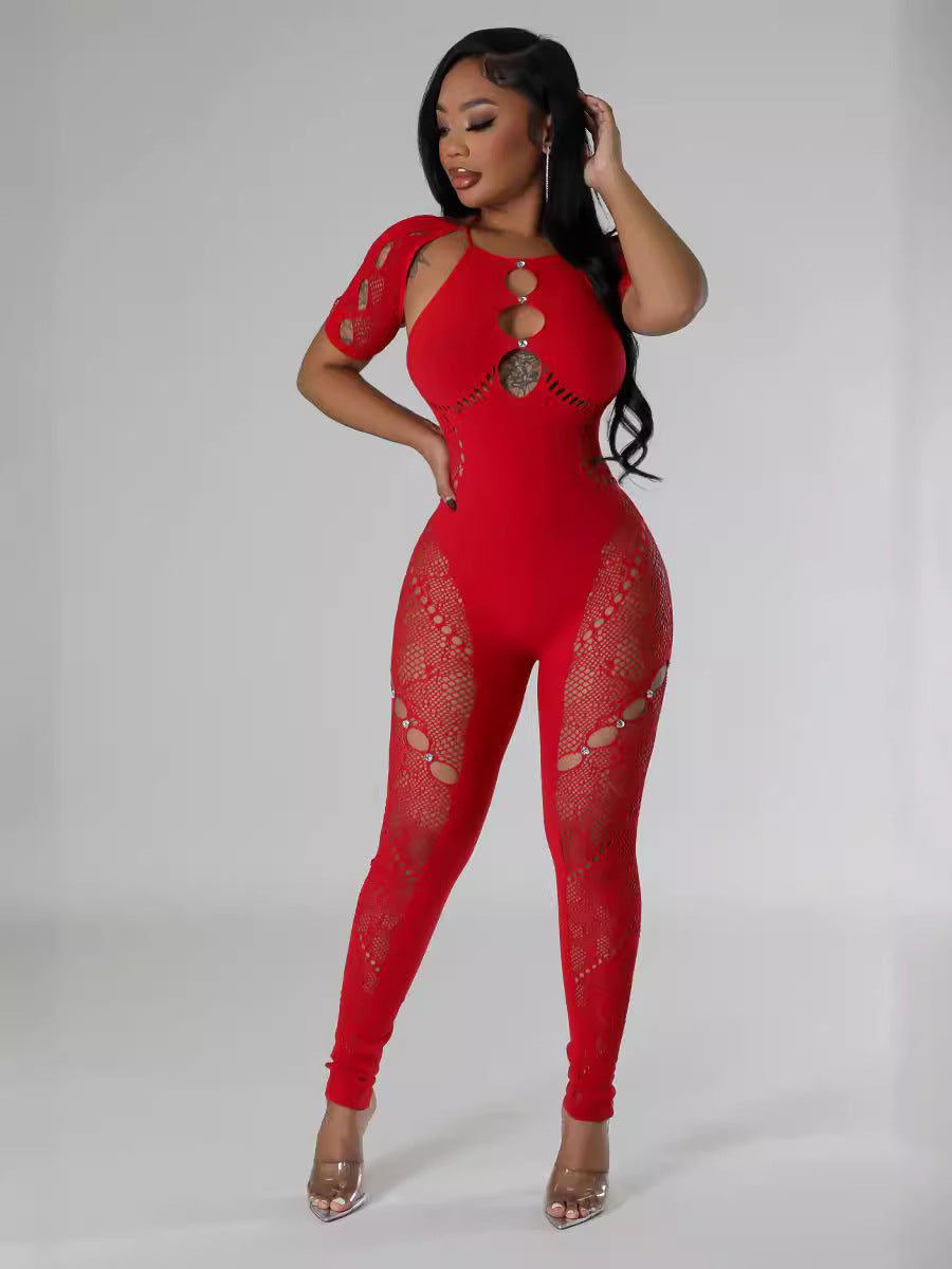 Sexy Hollow See Through Halter Backless Short Sleeve Tight Fit Jumpsuit 4