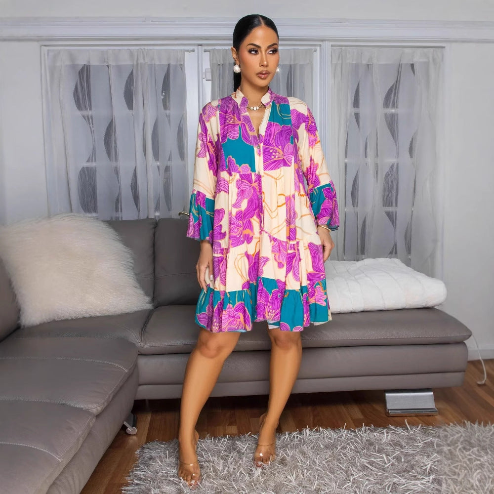 Women Elegant Floral Print V-Neck Patchwork Contrast Color Mini Dress 8