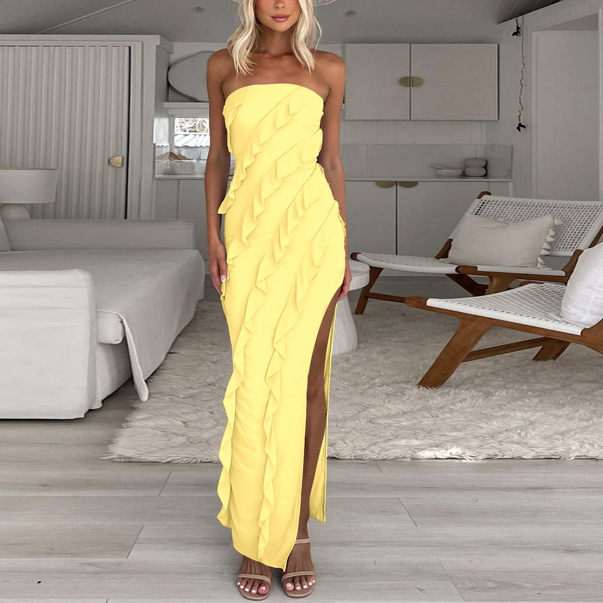 Women Summer Sexy Side Slit Irregular Bodycon Strapless Dress 3