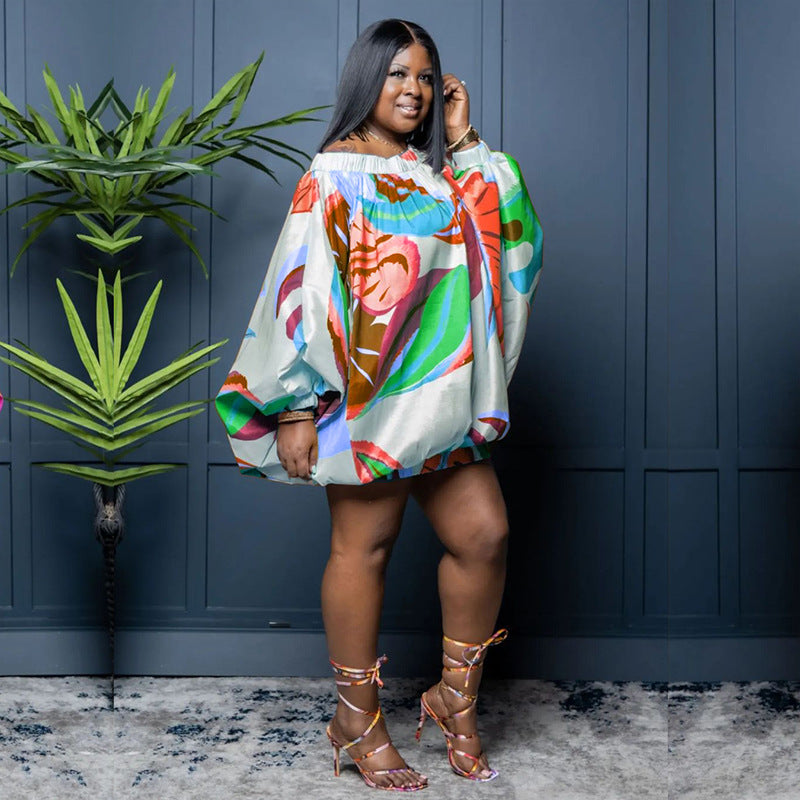 plus size off shoulder printed bat long sleeve loose dress 34
