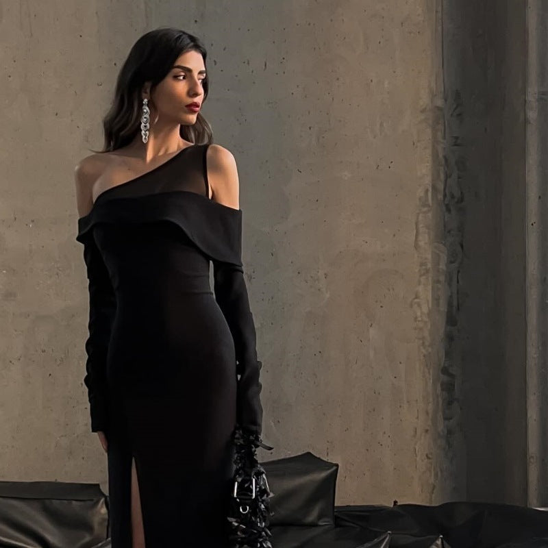 Women autumn sexy Slash Shoulder side slit long sleeve dress 7