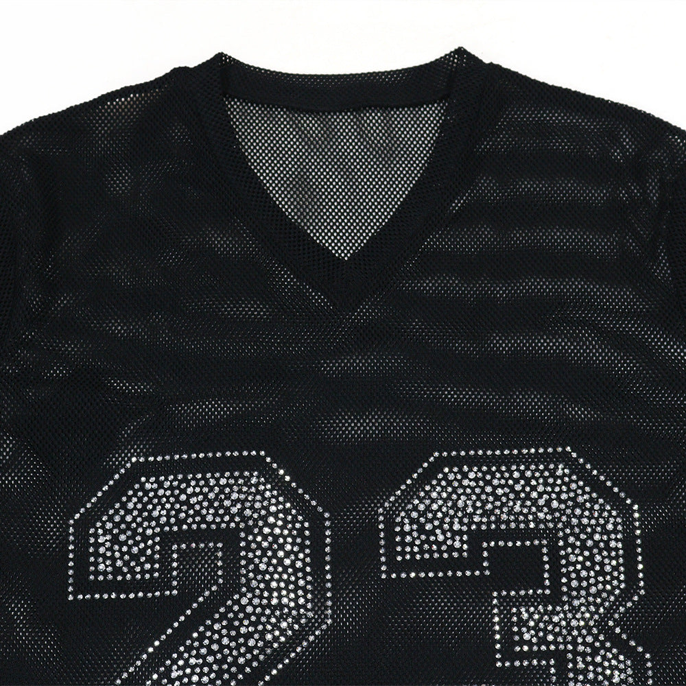 Women See-Through Round Neck Sexy Slit Beaded Top 13