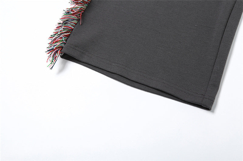 Women Round Neck Embroidered Short Sleeve T-Shirt And Tassel Pant Two Piece Set 17