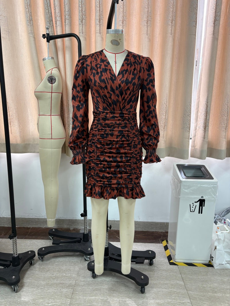 Women's Slim V-Neck Leopard Short Dress 9