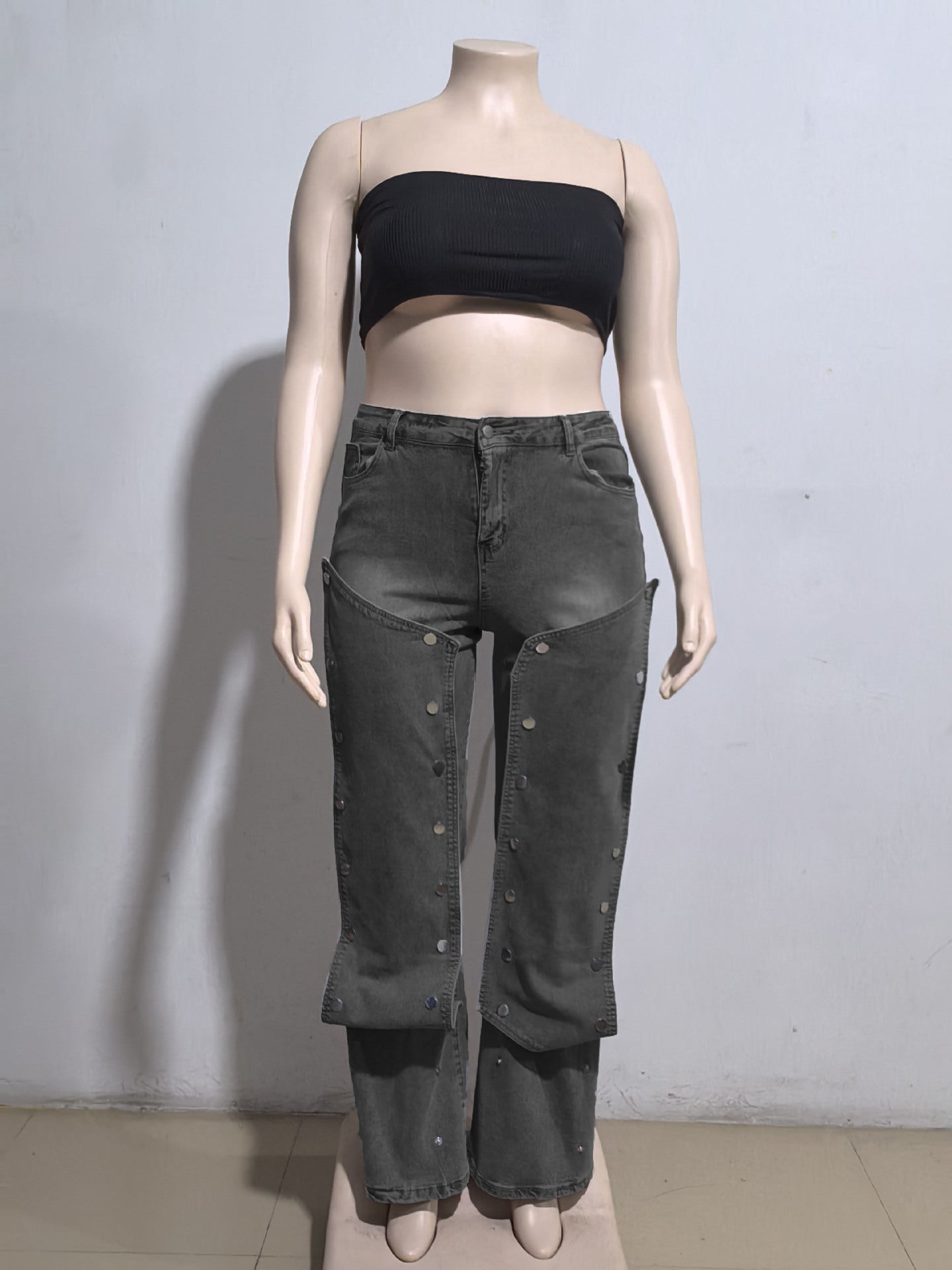 Women's Straight Denim Pants Autumn Street Trend Button High Waist Pants 10