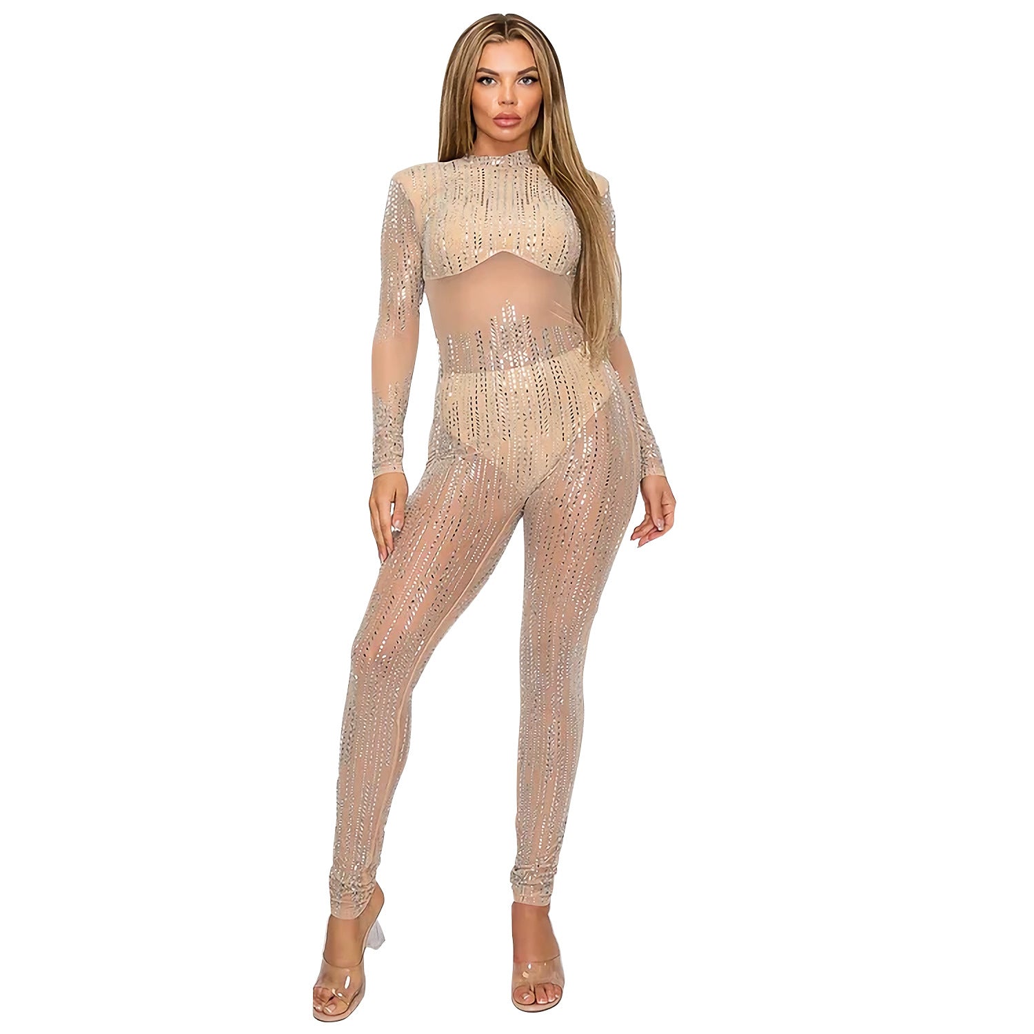 Fashion Sexy Beaded See-Through Mesh Party Jumpsuit 9
