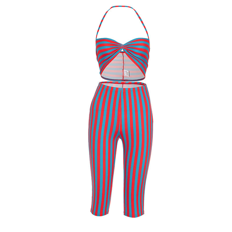 Women Contrast Striped Halter Neck Top and Capri Pants Two-Piece 23
