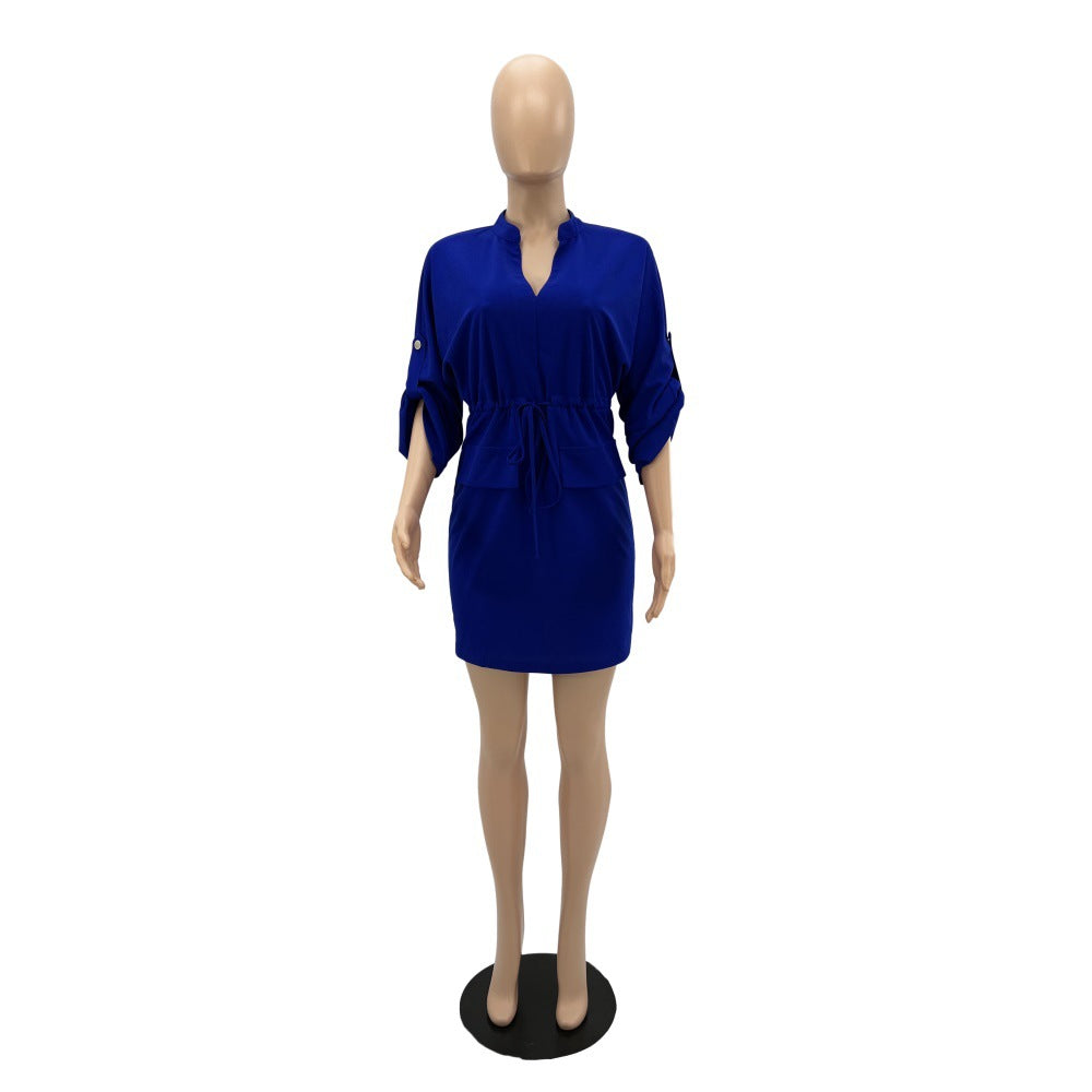 V-neck loose waist tooling skirt summer casual women's dress 19