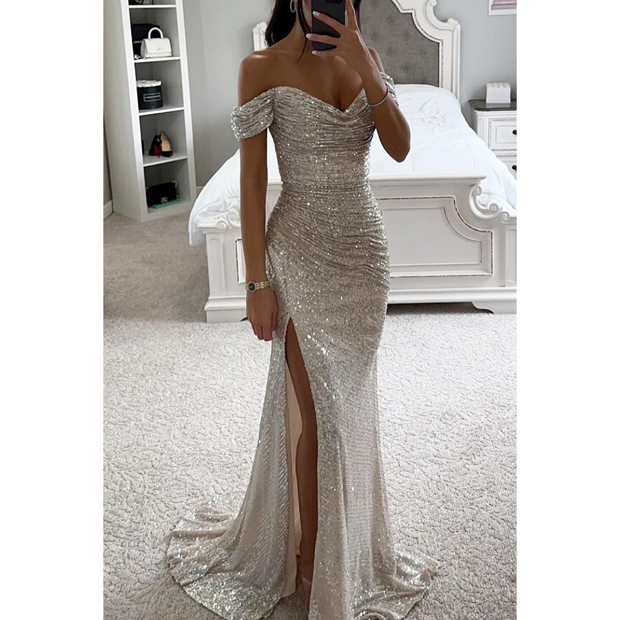 Women Sequin Off Shoulder Slit Dress 12