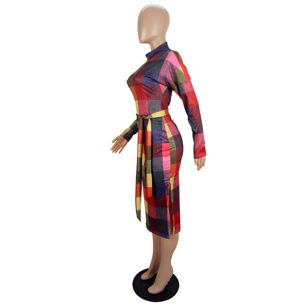 Women's Fashion Positioning Contrast Print Side Slit Slim Dress With Belt 10