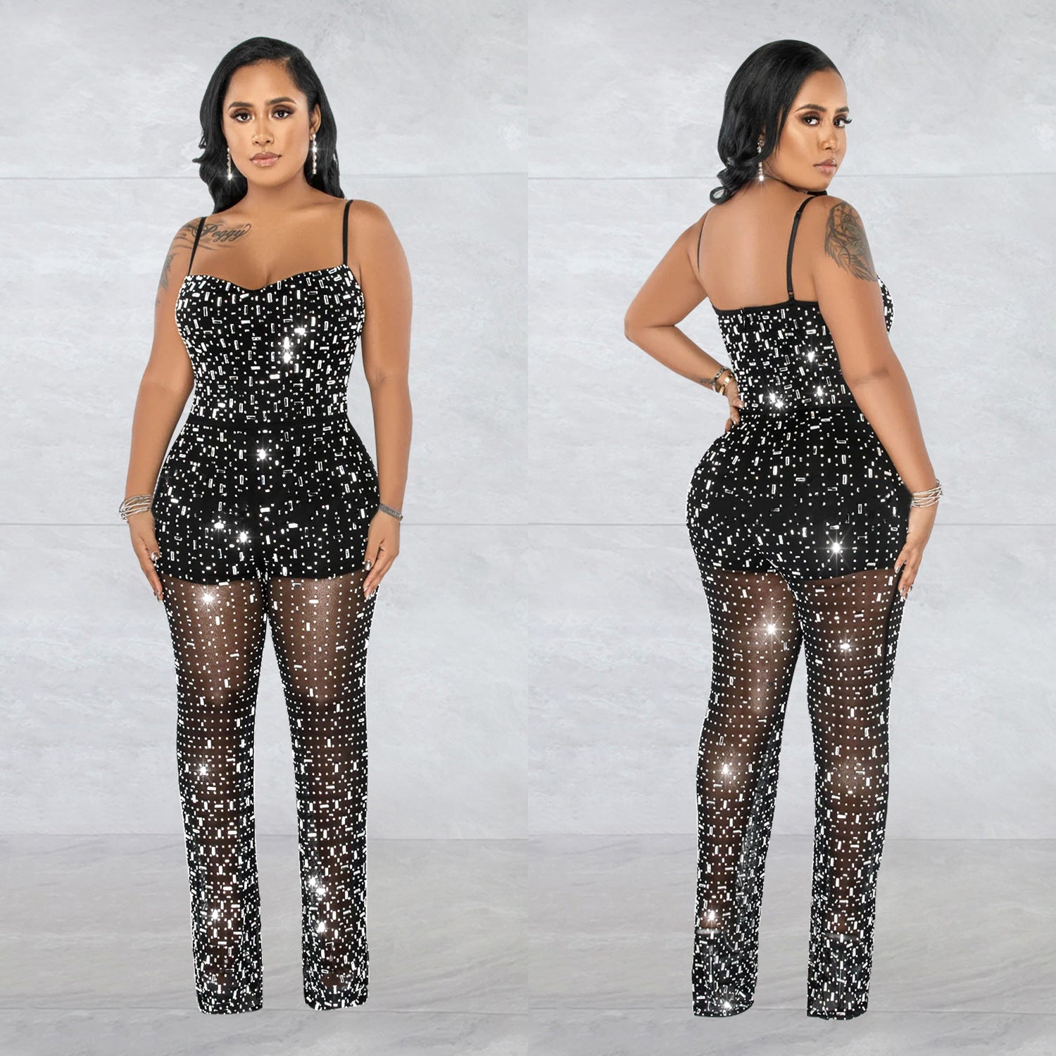 Ladies' Fashion Beaded Mesh Sleeveless Jumpsuit 3