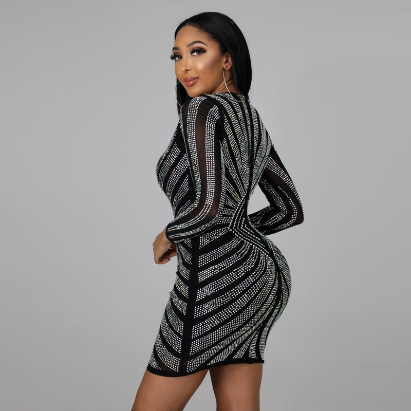 Women's Beaded Long Sleeve Sexy Evening Dress