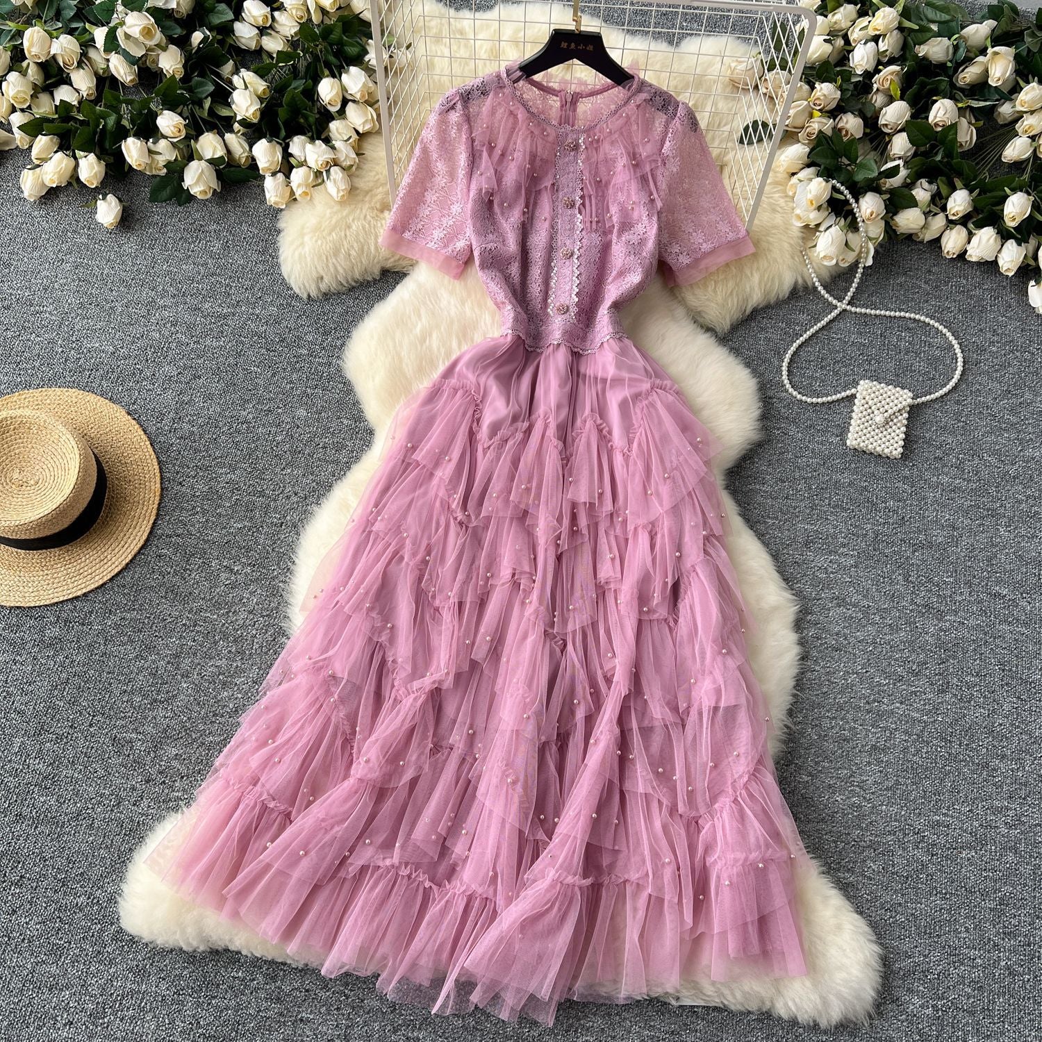 Women French Beaded Embroidered Short Sleeve Puffy Mesh Dress 18