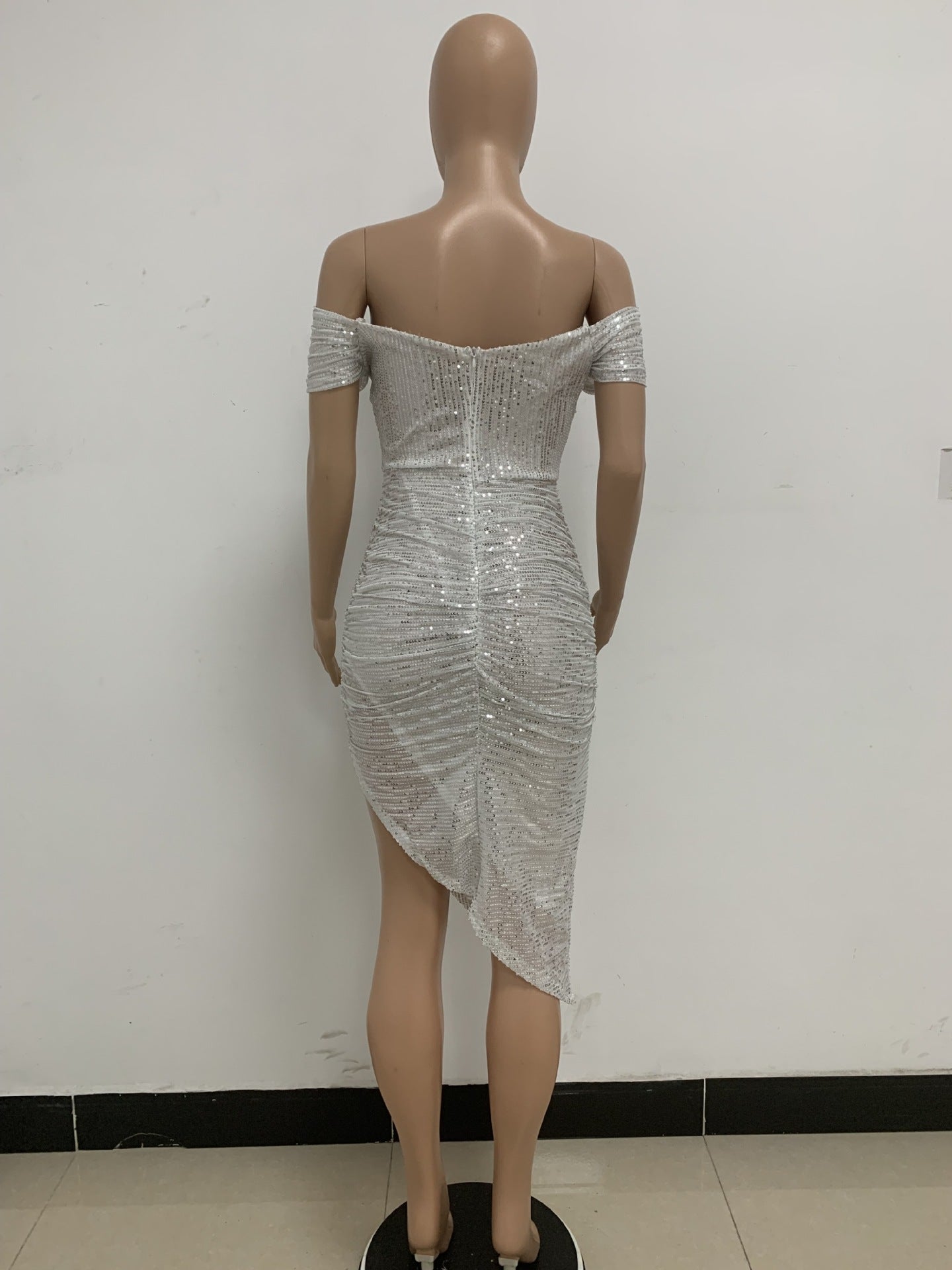 Women French Off Shoulder Sequin Pleated Dress 20