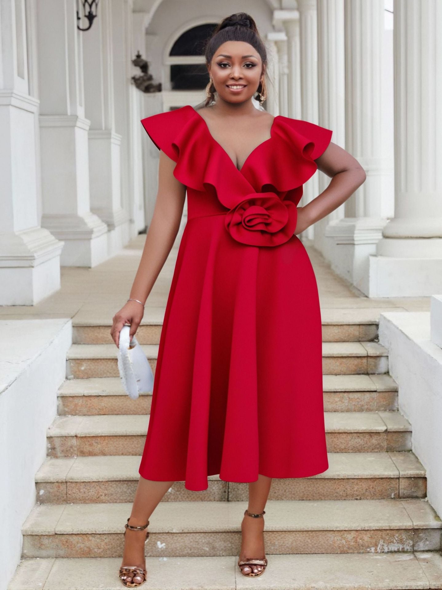 Women Plus Size V-Neck Ruffle Flower Formal Party Dress 3