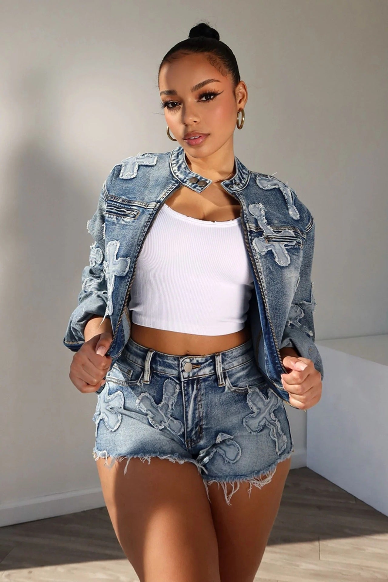 Women Denim Embroidered Cross Stretch Top and Shorts Two-piece Set