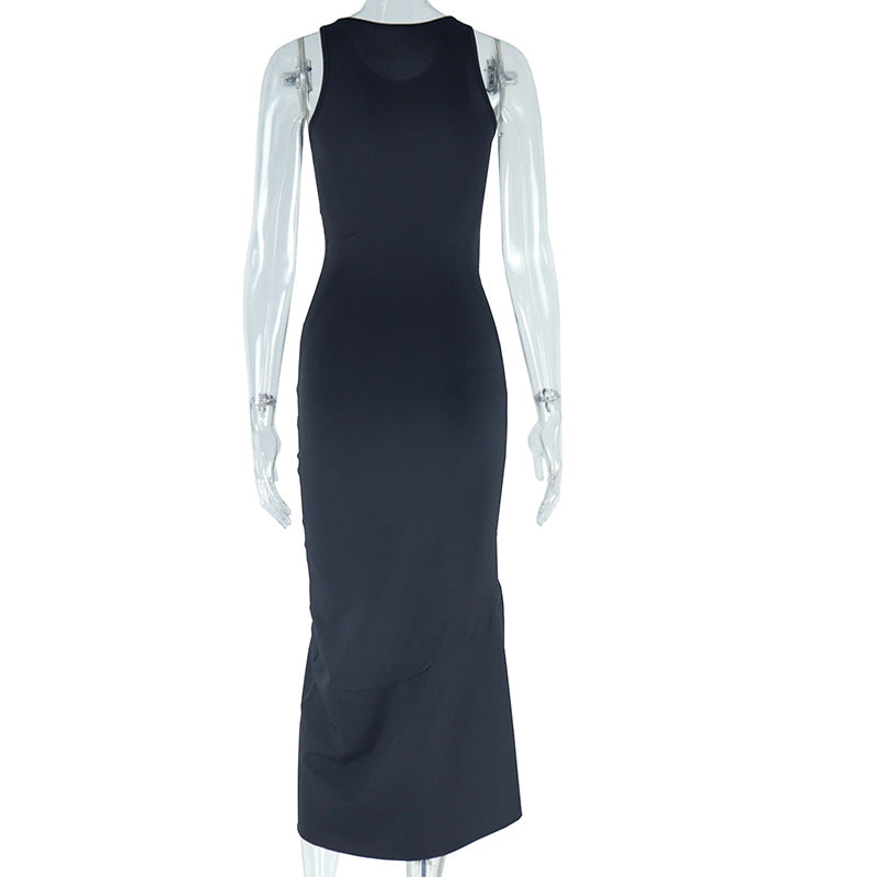 Women's Solid Color Round Neck Sleeveless Flower Decorated Irregular Dress 13