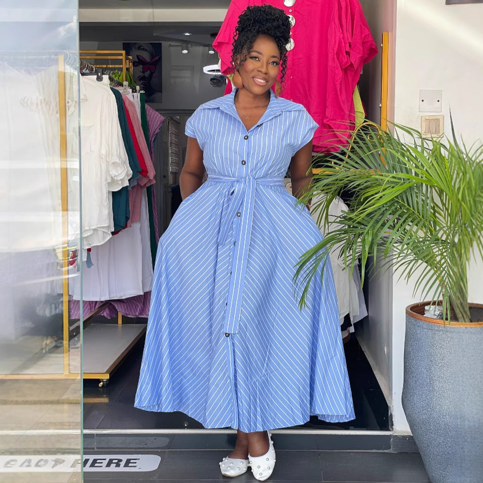 African Women elegant sleeveless single-breasted striped lace-up dress 6