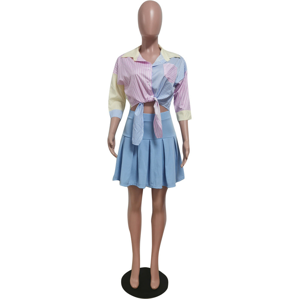 Women Striped Print Three-quarter Sleeve Shirt and Skirt Two-piece Set 9