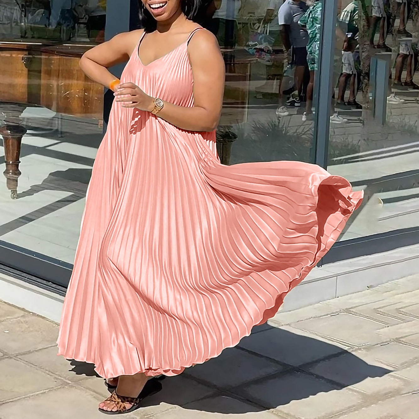 African Women's Summer Style Loose V-Neck Strap Pleated  Holidays Long Dress 3