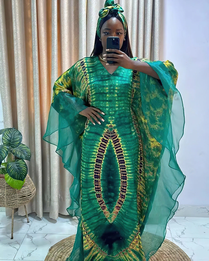 Women's clothing African long robe mesh print dress with headscarf 4