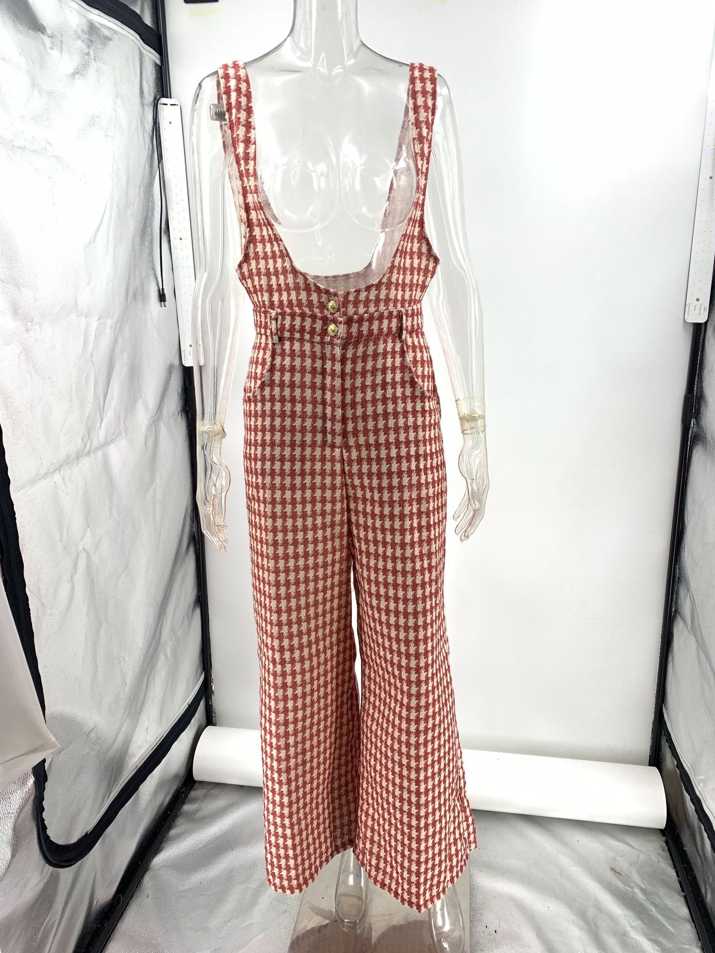 Women printed plaid loose wide leg overalls 10