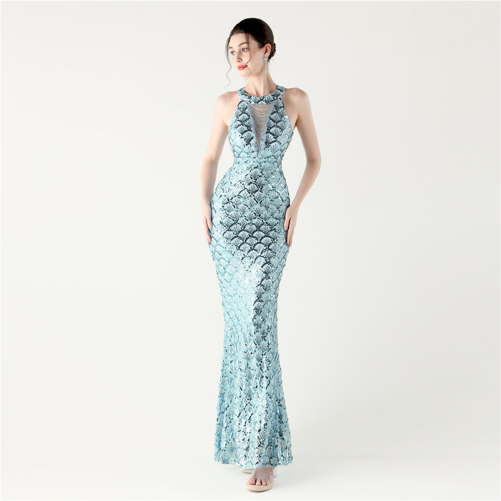 Halter Neck High Neck Hollow Fishtail Sequin Evening Dress Formal Party Gown 20