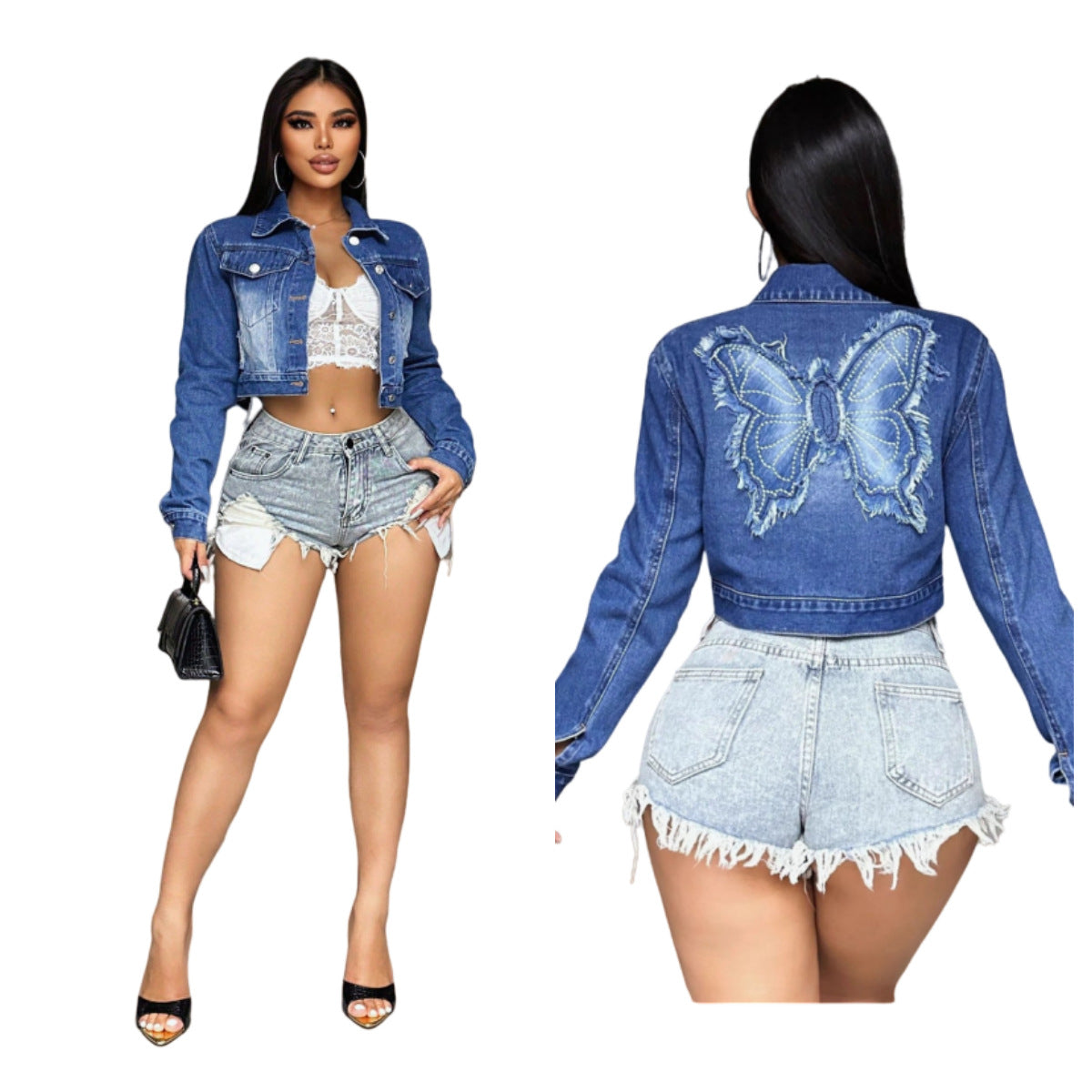 Women Embroidered Butterfly Appliqué Long-Sleeved Denim Embroidered Top