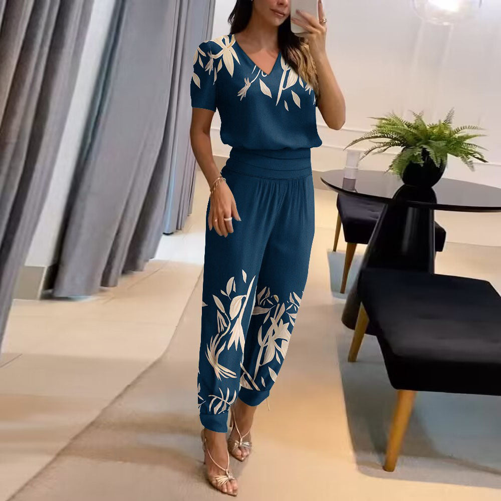 Women's Fashion Casual V-Neck Printed Short-Sleeved Trousers Set Two-Piece Set 3