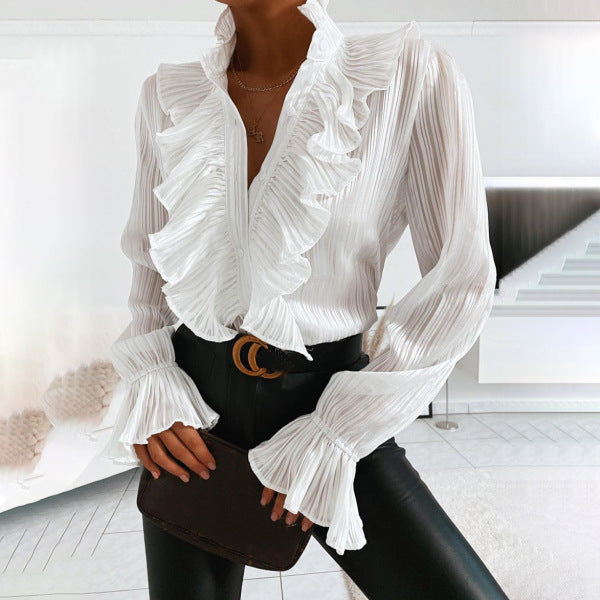 Women's Summer Ruffled Bell Bottom Pleated Sleeve Long Sleeve Shirt 3