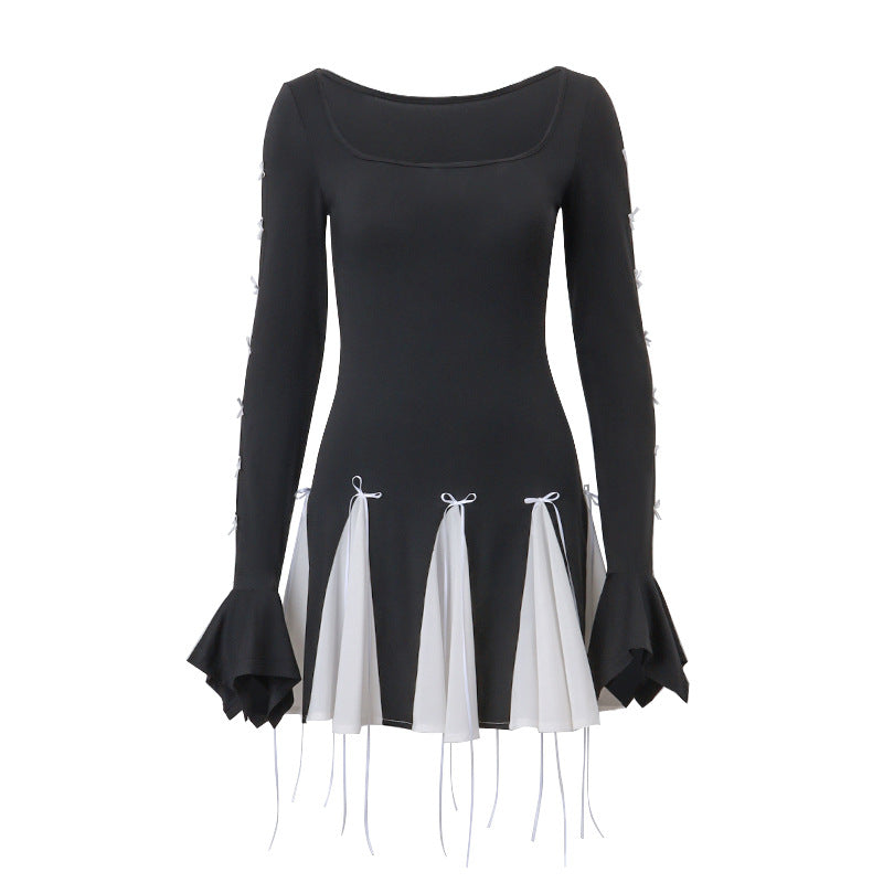 Spring Bow Lace-Up Bell Bottom Long Sleeve Dress 6