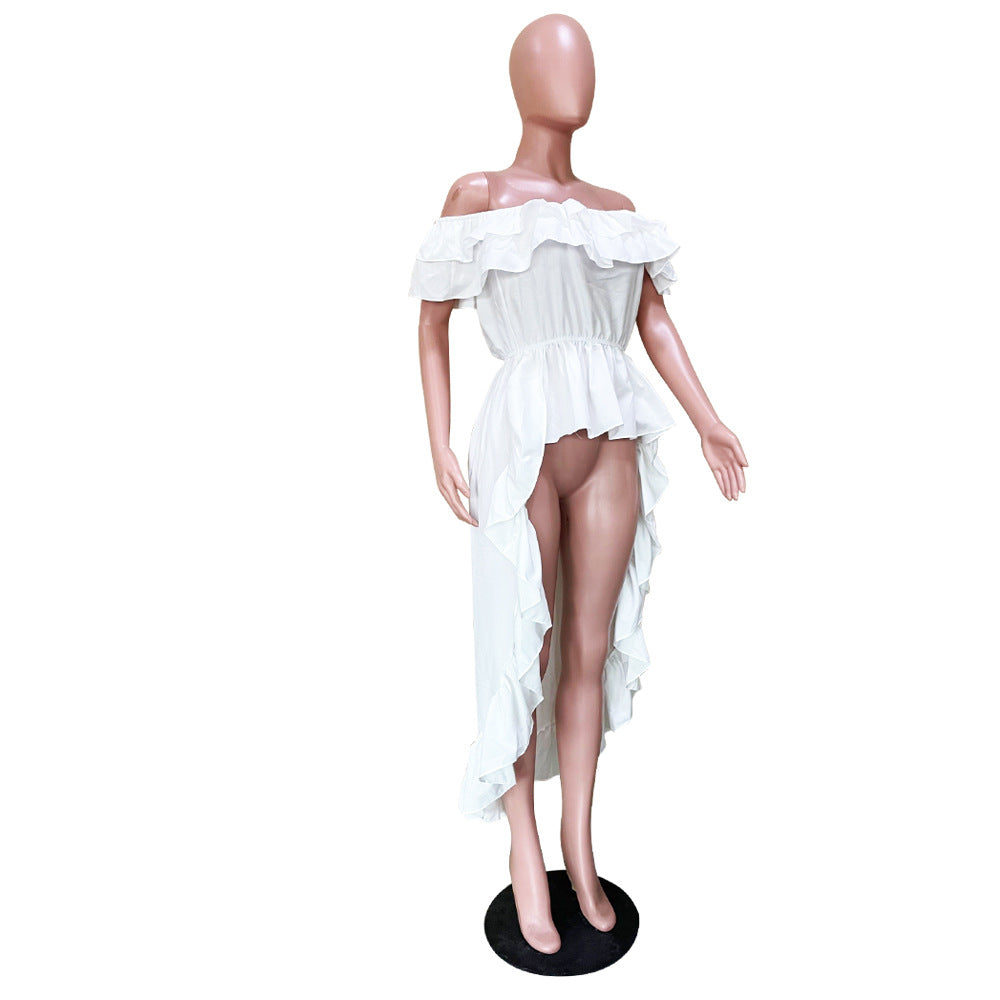 Women Off Shoulder Ruffle Solid Tuxedo Skirt 7