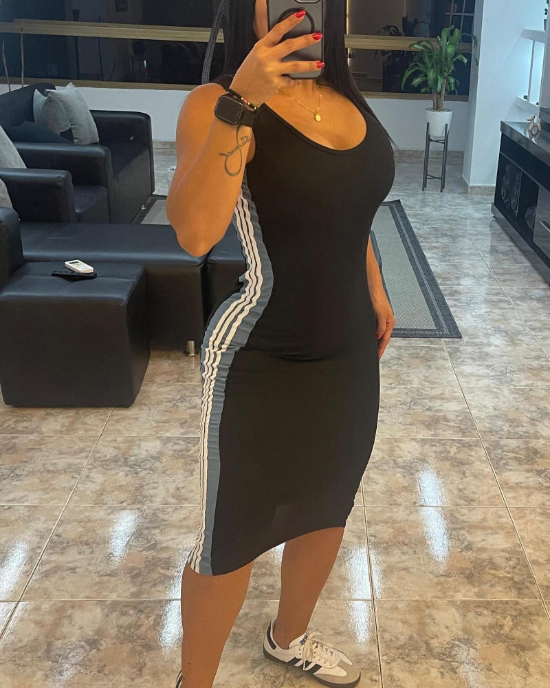 Women's sleeveless U-neck striped contrast color slim dress