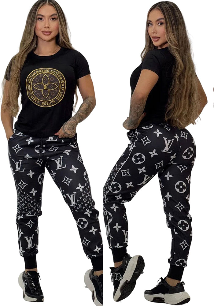 Summer Fashion Shiny Pattern Women's Casual Round Neck T-shirt Pants Set