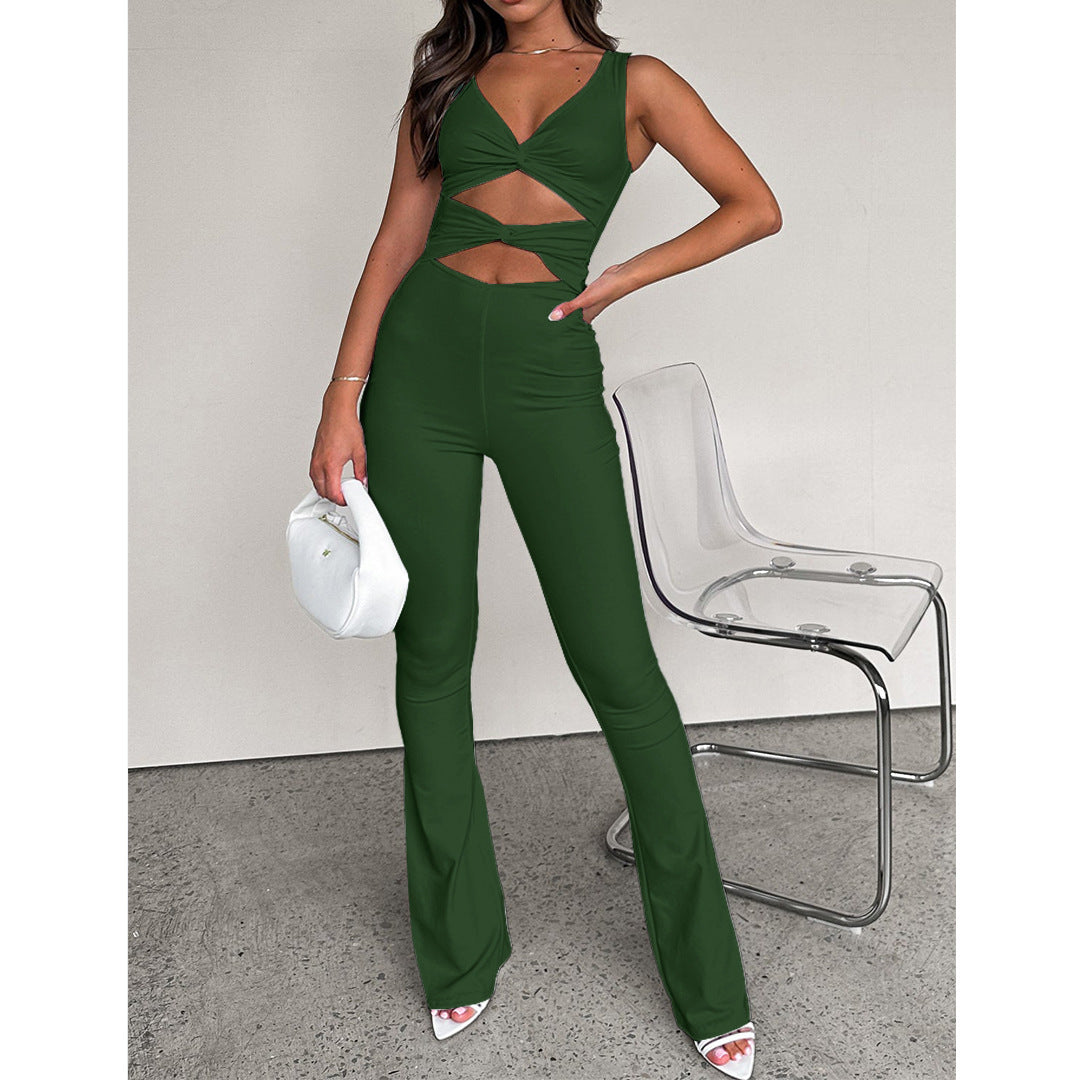 Women Solid Color Slim Cut Out Knot Bell Bottom Jumpsuit 4