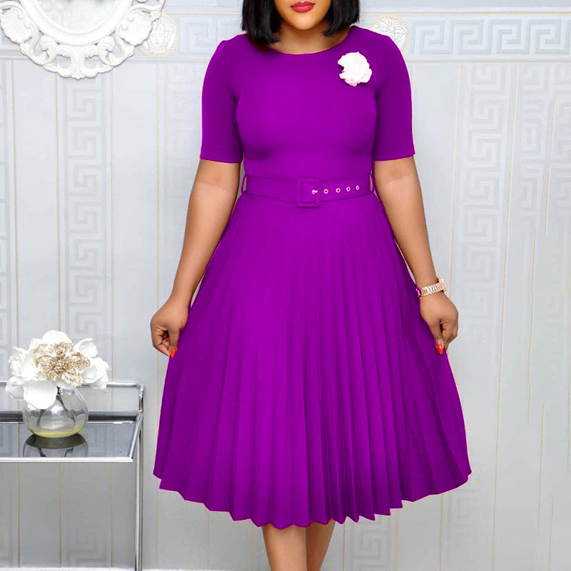 Plus Size Women summer Round Neck African pleated dress with belt 4