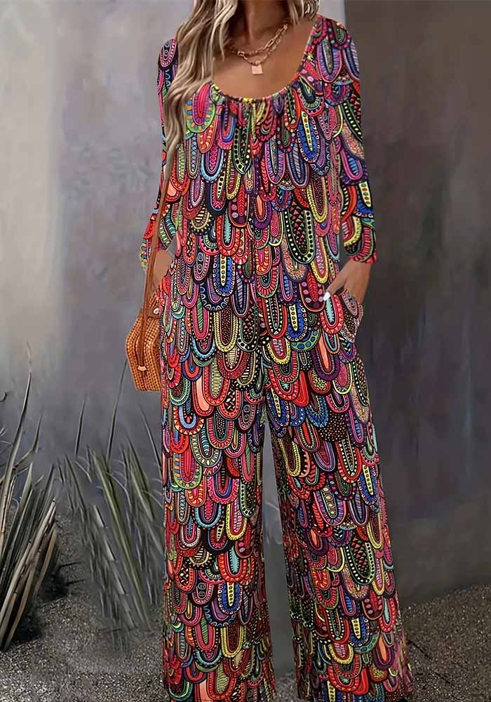 Women Print Casual Round Neck Loose Long Sleeve Jumpsuit