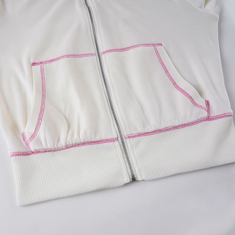 Women American-Style Fall/Winter Sport Velvet Letter Print Fur Collar Hooded Long-Sleeved Jacket and Pants Two-Piece Set 25