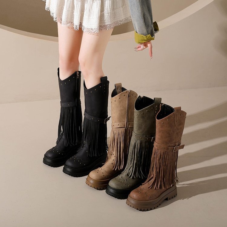 Plus Size Riding Boots with Fringe & Buckle  Mid-Calf Shoes for Women 11