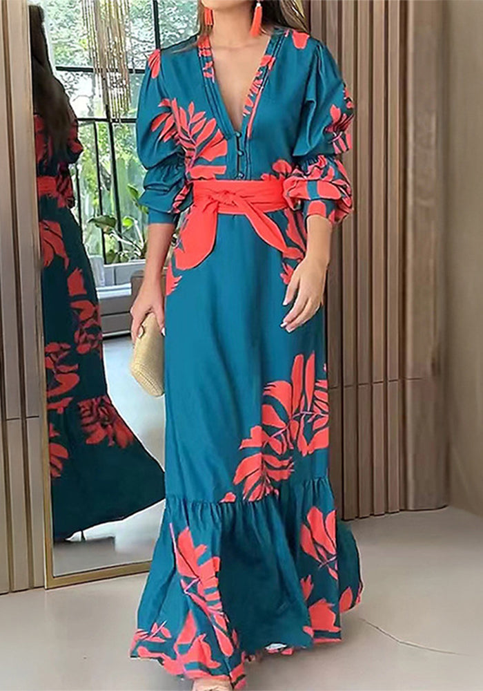 Women button V neck elegant print lace dress