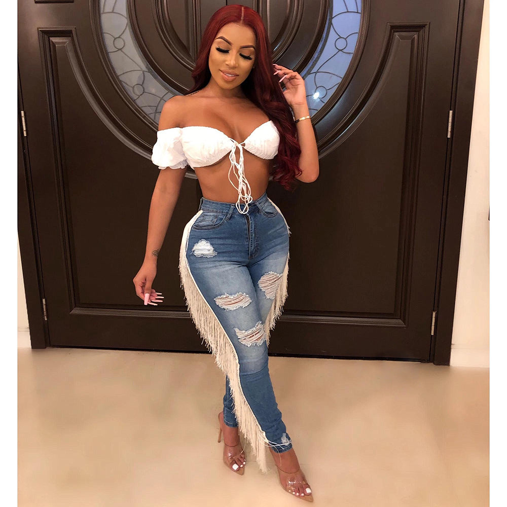 Casual Ripped Fringe Denim Pants Trendy High Street Jeans 3