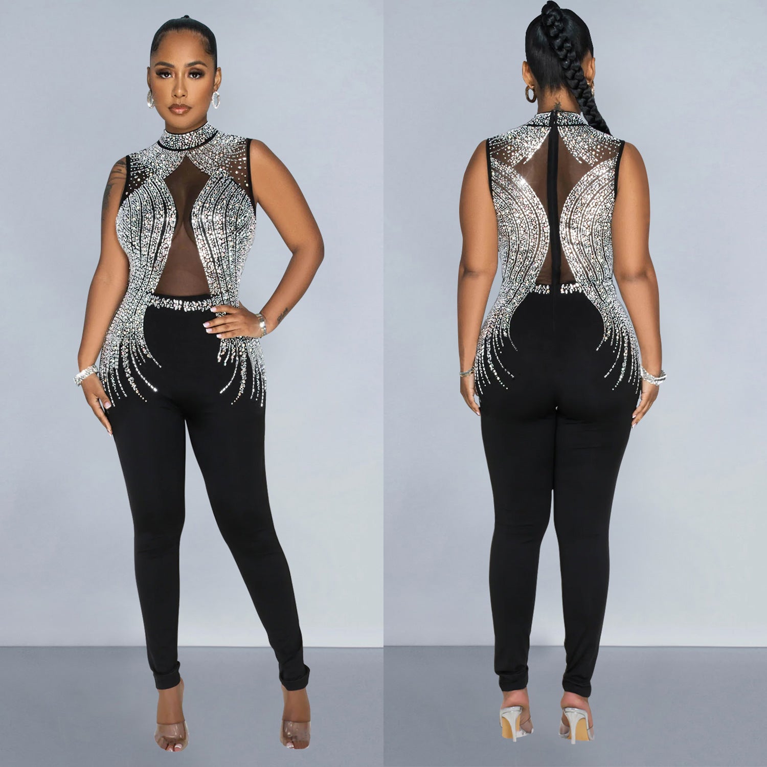 Fashion Women's Solid Color Beaded Mesh Sleeveless Jumpsuit