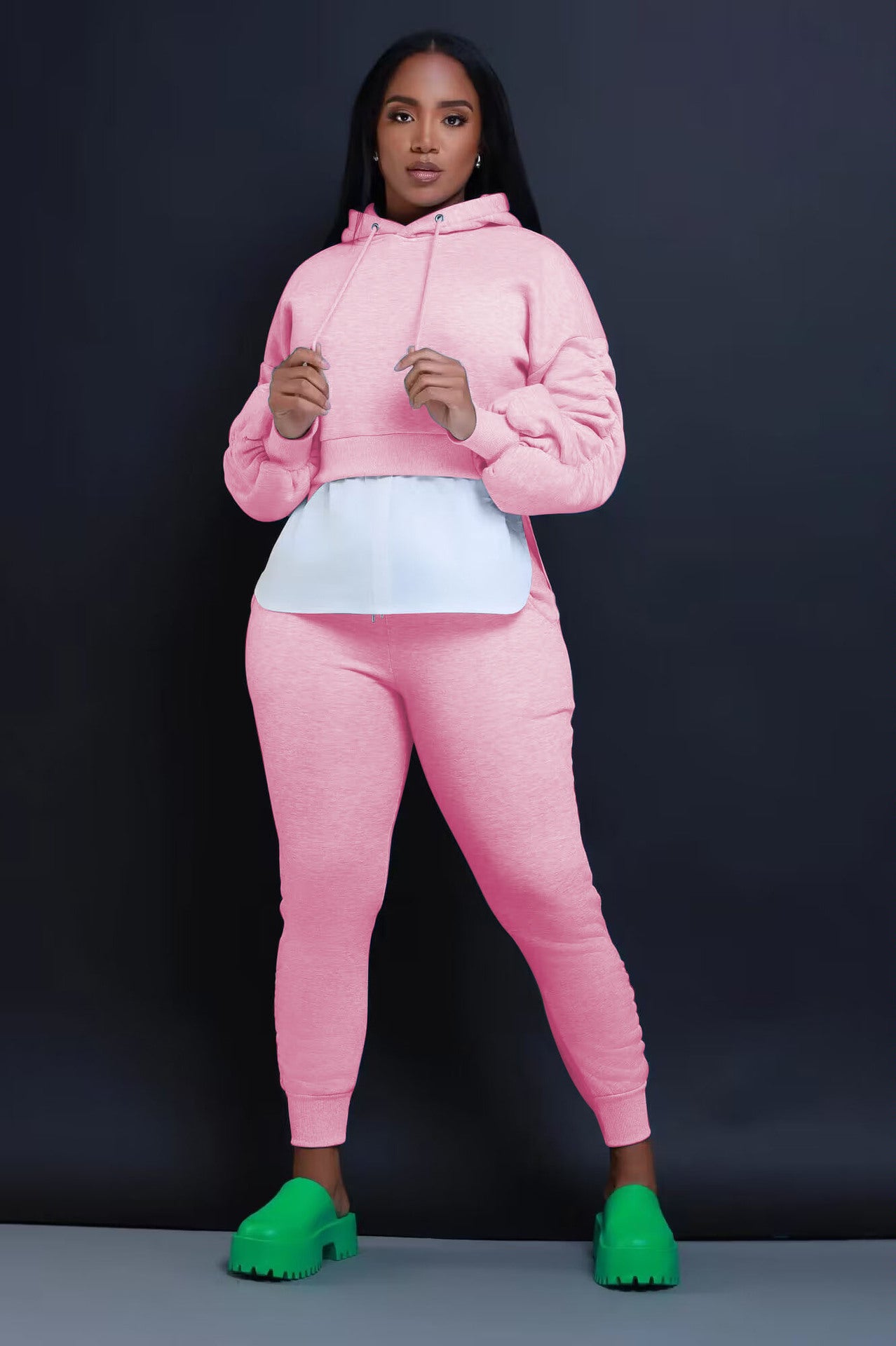 Women Casual Fall/Winter Patchwork Hoodies and Pant Two-piece Set 5