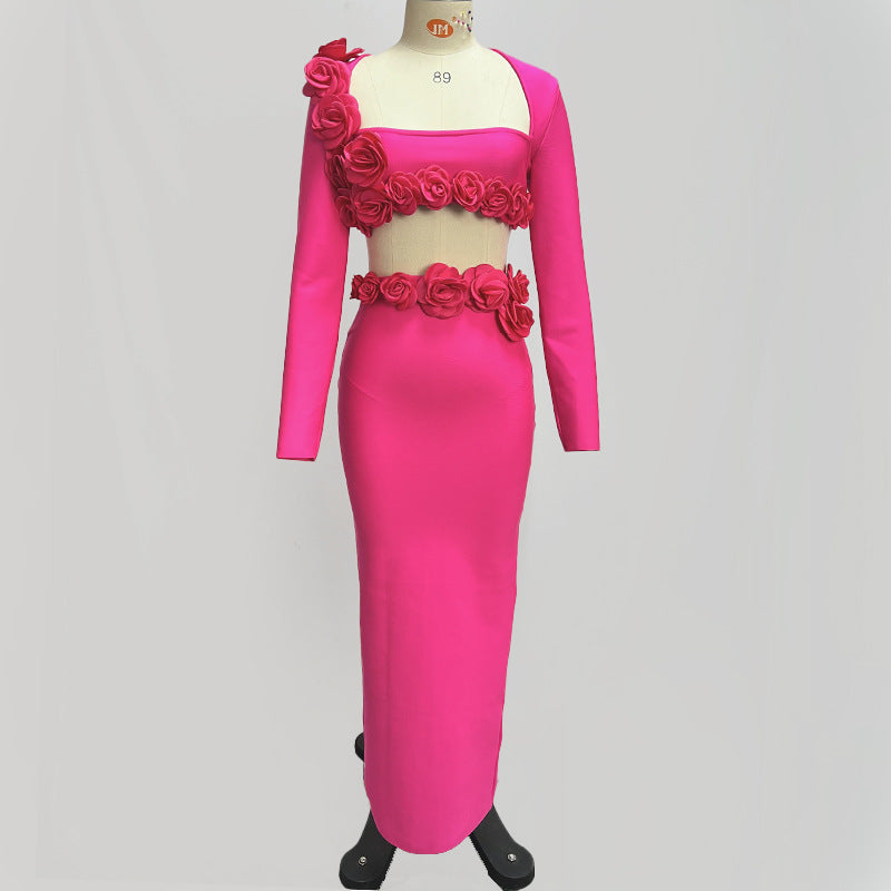 Solid Color Long Sleeve Flower Bandage Top Long Skirt Two-Piece Set 7