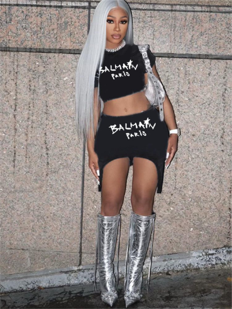 Ladies Fashion Summer Letter Print Round Neck Crop Short Sleeve Top Skirt Two-Piece Set 4