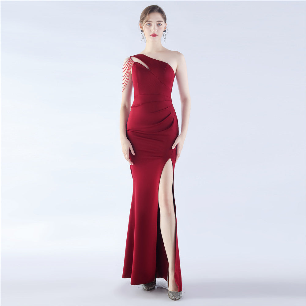 Women Elegant Beaded Satin One Shoulder Slash Shoulder Formal Party Maxi Evening Dress 6