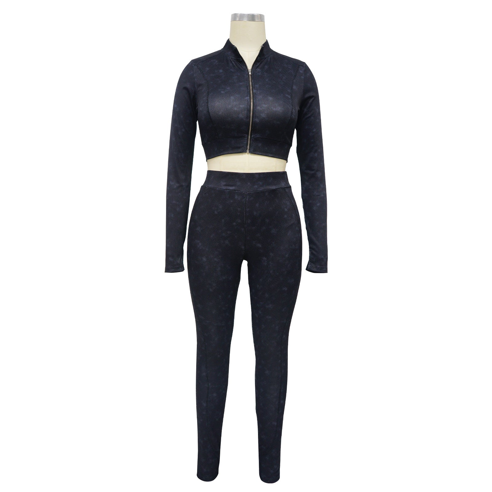 Women's Long Sleeve Zip Patchwork Slim Fit Two Piece Pants Set 12